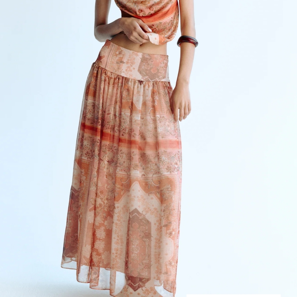 H&M Dusty red/Patterned Flared Maxi Skirt